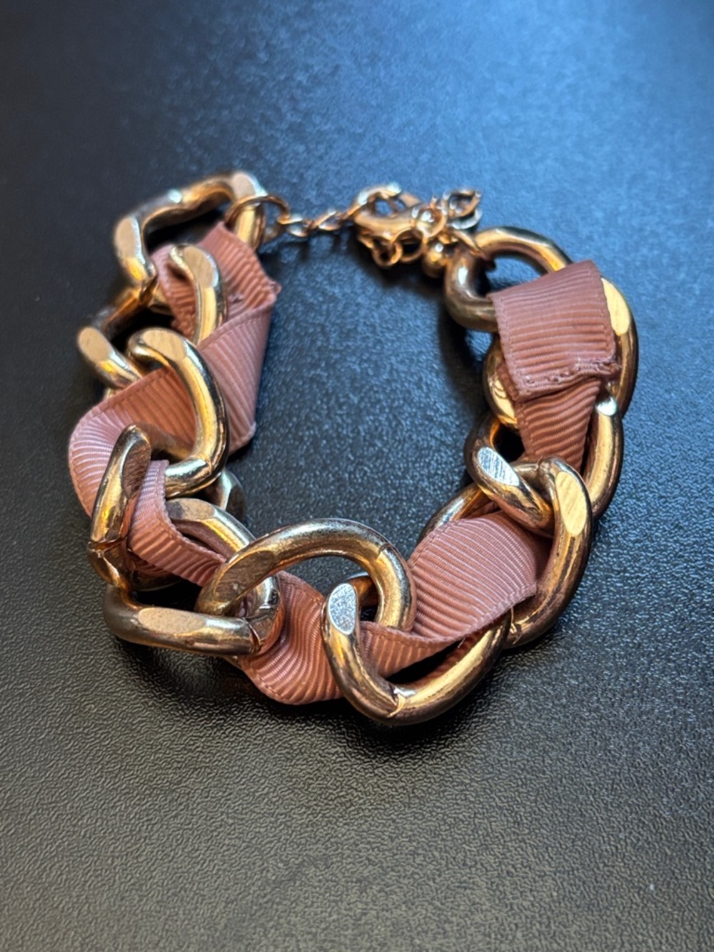 Chunky Gold Chain Bracelet with Dusty Rose Ribbon